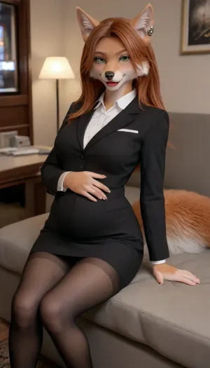 furry anthro female, furry anthro fox girl, furry female, furry anthro, furry body, bright fur, furrysdxl, furry anthro girl is a sexy secretary, smiling, green eyes, makeup, long ginger hair, ear piercing, nose piercing, tongue piercing, sitting on the big couch, looking at viewer, fully clothed female, clothed female, shirt, skirt, long skirt, black pantyhose, pantyhose, secretary suit, large breasts, narrow waist, large hips, large thighs, wide hips, big hips, thick thighs, big round ass, large ass, curvy woman, digital artwork, masterpiece, room with ambient neon light, pregnant, she gently stroking her pregnant belly, <lora:early621-000002:1.6>