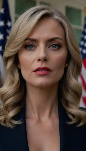 (A stunning portrait featuring a sophisticated female President of the United States holding a press conference in front of the White House as she announces a major policy decision), (long wavy ashen blonde hair cut with stylish textures and dark undertones), (sultry expression, confident, intense expression, expressive face), (blue eyes, chiselled cheekbones, strong jawline, defined jawline, elegant neck, fashion makeup, fashion pose, low angle shot), High-resolution, hyperrealistic, detailed, 8k, cinematic, portrait, realistic, beautiful hair, dramatic lighting, award winning, interesting framing, masterpiece, ZipRealism