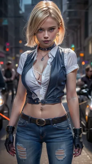 Girl ai 18, android 18, blonde hair, blue eyes, belt, jeans, pearl_necklace, bracelet, black gloves, white shirt, short hair, short sleeve, earrings, Blue pants, open vest, black vest, (the girl has torn clothes:1.5), (location of city streets), (there are many healthy men around the girl:1.5), (the girl is surrounded by men:1.5), very detailed, 2k wallpaper, stunning, fine details, extremely detailed CG Unity 8k wallpaper, super detailed, high resolution, (beautiful detailed girl:1.4), perfect anatomy, (Full body view:1.3), (Realistic, Photorealistic:1), (best image quality), (masterpiece)