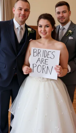 A young bride poses with two male wedding guests of different age, diferent faces, different suitcolors. The bride holds a handmade sign with text "BRIDES ARE PORN".