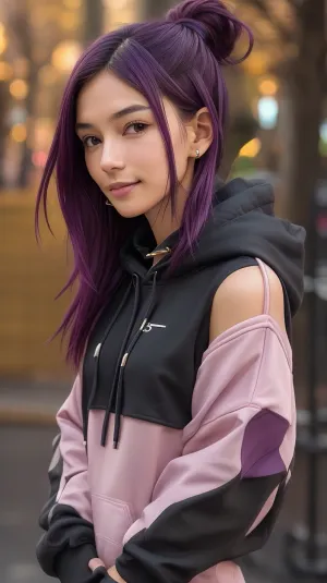 105000000100057.0, score_9_up, score_8_up, score_7_up, score_6_up, abstract, 1girl, solo, 25 years old, perfect face, close view, (adult), sexy, dark purple hair, spiked hair, ear piercing, spiked collar, black hoodie, winter, blush, shy smile, portrait, face focus, depth of field, looking at viewer