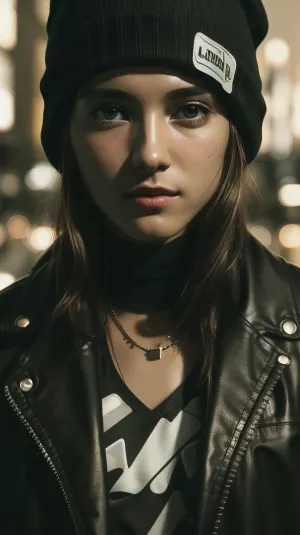 105000000100058.0, score_9, score_8_up, score_7_up, face close up, alternative girl, watching over black sunglasses, jacket, necklace, neon light reflections on skin, ear ring, makeup, skin imperfection, short hair, beanie, neon lights background, low light, depth of field, highly detailed, high contrast, film grain, Rim Lighting, Long Exposure, DSLR
