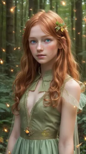 105000000100061.0, score_9, score_8_up, score_7_up, (realistic:1.4), very aesthetic, best quality, detailed face and eyes, fairy with wings, ginger hair, messy hair, dress, fireflies, forest, green eyes, (freckles:.8)