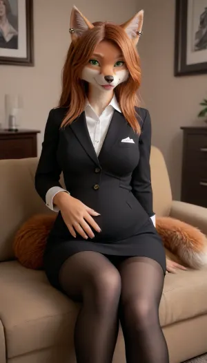 furry anthro female, furry anthro fox girl, furry female, furry anthro, furry body, bright fur, furrysdxl, furry anthro girl is a sexy secretary, smiling, green eyes, makeup, long ginger hair, ear piercing, nose piercing, tongue piercing, sitting on the big couch, looking at viewer, fully clothed female, clothed female, shirt, skirt, long skirt, black pantyhose, pantyhose, secretary suit, large breasts, narrow waist, large hips, large thighs, wide hips, big hips, thick thighs, big round ass, large ass, curvy woman, digital artwork, masterpiece, room with ambient neon light, pregnant, she gently stroking her pregnant belly, <lora:early621-000002:1.6>