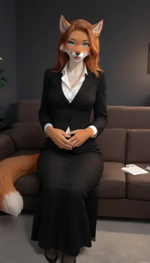 furry anthro female, furry anthro fox girl, furry female, furry anthro, furry body, bright fur, furrysdxl, furry anthro girl is a sexy secretary, smiling, green eyes, makeup, long ginger hair, ear piercing, nose piercing, tongue piercing, sitting on the big couch, looking at viewer, fully clothed female, clothed female, shirt, skirt, long skirt, black pantyhose, pantyhose, secretary suit, large breasts, narrow waist, large hips, large thighs, wide hips, big hips, thick thighs, big round ass, large ass, curvy woman, digital artwork, masterpiece, room with ambient neon light, pregnant, she gently stroking her pregnant belly, TomFischbeck, incase, style, <lora:TomFischbeck:1.2>, <lora:287175_training_data:.7>