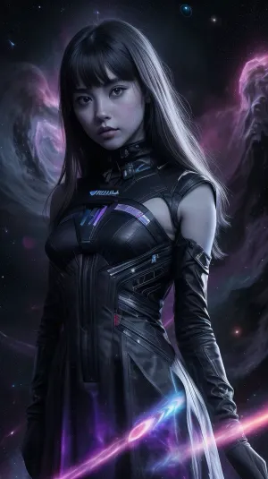 105000000100063.0, realistic, (girl:1.4), solo, looking at viewer, (abstract art:1.3), (dark theme:1.2), art, stylized, deep shadow, dark theme, cosmic dress, cosmic beauty, in space, nebula