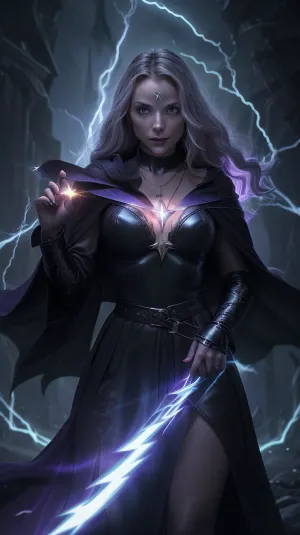 105000000100067.0, fantasy, medieval, aura, glowing, sorceress, dark robe, might, power, evil smirk, looking at viewer, 1woman, solo, witch, shadows, necklace, runes, lightning in the background, stormy night