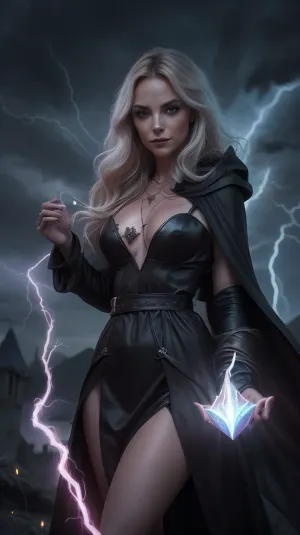 105000000100069.0, fantasy, medieval, aura, glowing, sorceress, dark robe, might, power, evil smirk, looking at viewer, solo, witch, shadows, necklace, runes, lightning in the background, stormy night