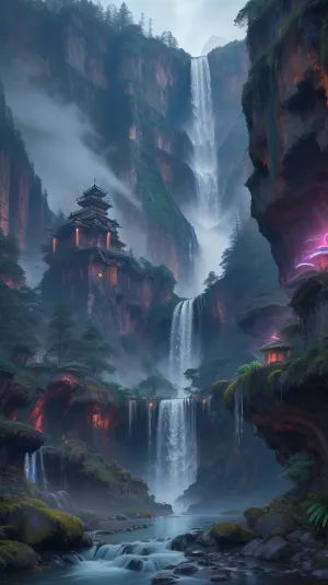 105000000100078.0, masterpiece, (best quality:1.2), magnificent, maximum details, extremely hyper aesthetic ancient sacred waterfall with mystical energy and glowing mist dream scenery art, landscape