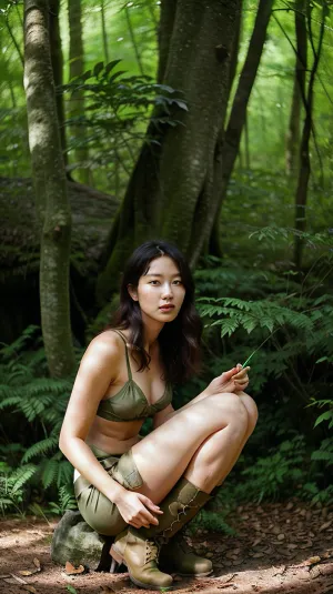 Sunlight dappled through the dense canopy of the ancient forest, illuminating a path where a beautiful woman tread softly. The air shimmered with humidity, alive with the chirps of unseen birds and the rustle of unseen creatures. She wore a strappy, emerald green bikini top that blended seamlessly with the verdant surroundings. High-waisted, khaki shorts, rolled up at the knees, provided practicality for navigating the undergrowth. Her boots, sturdy and waterproof, left light prints on the damp forest floor. A backpack, nestled comfortably on her shoulders, held essential supplies. A tumbler rested in a side pouch, and a map peeked out from another. Her gaze, filled with wonder, scanned the towering trees and lush foliage. A sense of respect and harmony emanated from her, a beautiful woman at peace with the wild beauty of the forest, photorealism, Asian-Less2-Neg, BadDream, <lora:ahx_v1:.5>