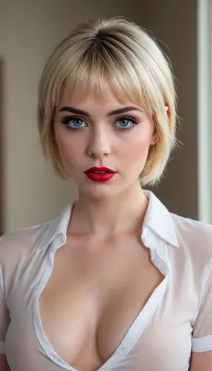(attractive sexy 20-year-old woman, pixie haircut, blonde hair, bangs, blue eyes, thick eyebrows, thick red lips, black eyeliner, black eyeshadow, blush, slim body, shirt unbuttoned, breasts exposed, nude, coy expression, thick load of cum on lips)