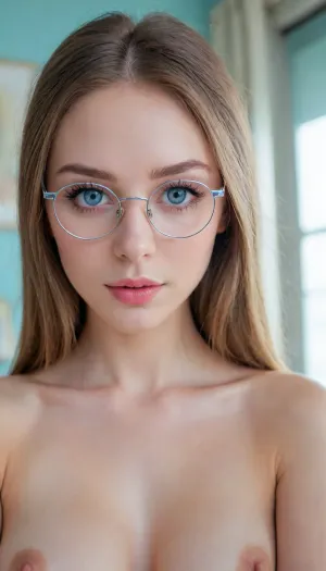 (((waist up photo))), portrait mode, (((pastel room))), lots of details in the room, (round thin-framed glasses:1.3), super realistic photography, perfect lighting, (best shadow), 8K, UHD, clear image, (best lighting), highest quality, pussy visible, showing pussy, shaved pussy, super detailed images, fine details, high resolution, 8k wallpaper, masterpiece, (skinny girl with boobs), (nude:1.4), (naked:1.3), korean girl, (18 years old), (((bright blue eyes))), long hair, (very detailed face), (beautiful face, blush, white skin, (((long voluminous eyelashes))), (((makeup))))