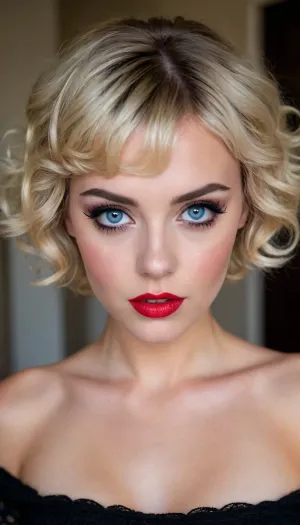 (attractive sexy 20-year-old woman, short haircut, blonde curly hair, bangs, blue eyes, thick eyebrows, thick red lips, black eyeliner, black eyeshadow, blush, slim body, nude, coy expression)