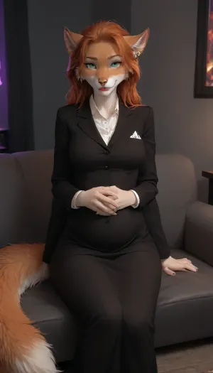 furry anthro female, furry anthro fox girl, furry female, furry anthro, furry body, bright fur, furrysdxl, furry anthro girl is a sexy secretary, smiling, green eyes, makeup, long ginger hair, ear piercing, nose piercing, tongue piercing, sitting on the big couch, looking at viewer, fully clothed female, clothed female, shirt, skirt, long skirt, black pantyhose, pantyhose, secretary suit, large breasts, narrow waist, large hips, large thighs, wide hips, big hips, thick thighs, big round ass, large ass, curvy woman, digital artwork, masterpiece, room with ambient neon light, pregnant, she gently stroking her pregnant belly, TomFischbeck, incase, style, <lora:TomFischbeck:1.5>, <lora:287175_training_data:1>