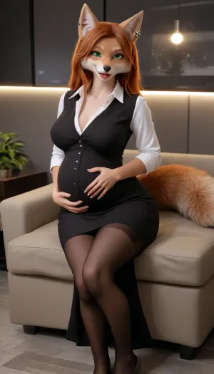 furry anthro female, furry anthro fox girl, furry female, furry anthro, furry body, bright fur, furrysdxl, furry anthro girl is a sexy secretary, smiling, green eyes, makeup, long ginger hair, ear piercing, nose piercing, tongue piercing, sitting on the big couch, looking at viewer, fully clothed female, clothed female, shirt, skirt, long skirt, black pantyhose, pantyhose, secretary suit, large breasts, narrow waist, large hips, large thighs, wide hips, big hips, thick thighs, big round ass, large ass, curvy woman, digital artwork, masterpiece, room with ambient neon light, pregnancy, pregnant furry anthro girl, pregnant, she gently stroking her pregnant belly, <lora:early621-000002:1.6>