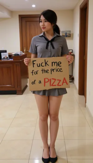 A, ((petite Vietnamese woman)), wearing a school uniform, in a hotel lobby. Holding a handmade sign "Fuck me for the price of a pizza".