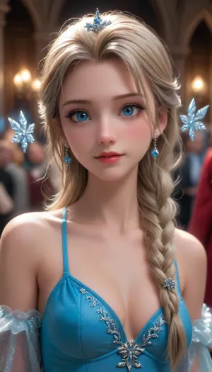 "An ultra-detailed, hyper-realistic close-up shot of Elsa and Anna standing side by side on a majestic, glowing icy podium, showcasing their flawless, sculpted figures and radiant beauty. Elsa, the elegant Snow Queen, is in a shimmering ice-blue bikini adorned with intricate frost patterns and crystal embellishments that sparkle in the soft glow of her ice magic. Her toned, graceful physique is highlighted by the perfect lighting, with her cool, serene expression captivating the viewer. Elsa's platinum-blonde hair flows in an elegant loose braid, glittering with tiny ice crystals, and her piercing blue eyes glow with magical confidence as she raises one hand to conjure delicate snowflakes swirling around her.

Beside her, Anna, vibrant and confident, wears a stunning ruby-red bikini with golden accents that complement her radiant, curvy figure. Her joyful expression, soft smile, and sparkling green eyes exude warmth and charm, contrasting beautifully with Elsa's cool elegance. Anna’s auburn hair flows in rich, playful braids, catching the soft, ethereal light of the winter magic. Highlights and shadows perfectly emphasize the contours of their figures, revealing smooth, flawless skin and toned physiques.

The icy podium beneath their feet glistens with a translucent glow, softly reflecting their silhouettes and magical aura. The background is softly blurred, with shimmering snowflakes, light beams, and frost crystals suspended in the air, creating a magical, dreamlike atmosphere. The lighting is cinematic, casting a subtle glow on their faces and bodies, emphasizing their stunning beauty and creating an unforgettable, grand spectacle of winter magic and elegance.", <lora:princess_xl_v2:.5>