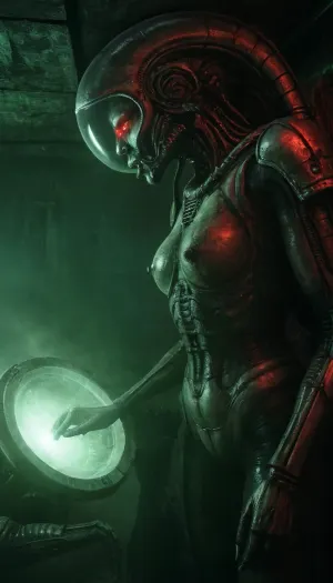 68-year-old naked cosmonaut in Kneeling in front of an alien is sucking his bite. From her mouth flows green sperm as well as from her pussy which overflows with a creamy liquid. They are both in a mining vessel half-tidy due to rust and humidity. The general atmosphere is a little gloomy, a cold light is sent from spots on the ceiling., giger, tribals, sigilism, bleakfaith, science, fiction, scenery, armor, red, eyes, glowing, dark, suit, statue, hood, holding, a, weapon, sword, gigerwall, <lora:v4_CYBERGOTHIC:.4>, <lora:bleakfaith:.5>, hrg1g3r4rhp, <lora:hrg1g3r4rhp_v20_SDXL_Linux:.5>