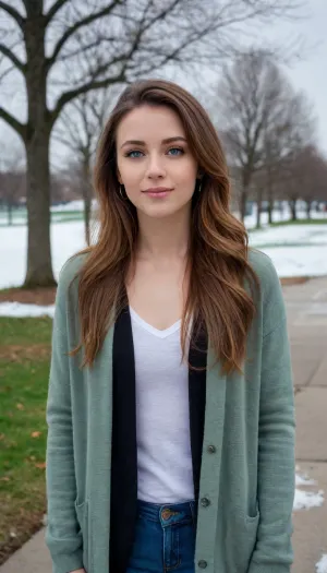 woman, green eyes, makeup, brown hair, long hair, earrings, grey cardigan, black shirt, jeans, looking at viewer, smiling, standing, outside, park, trees, snow, city, blue sky