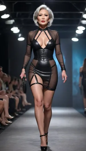 A beautiful and sexy older woman is walking on the catwalk, the theme is bdsm and mistress clothing, she is a porn star from China