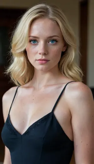 young ducth woman, blond hair, freckles, blue eyes, looking at viewer with dreamy eyes, very detailed face skin, pale skin, day, medium natural breasts, seductive face, symmetrical eyes, black dress, sagging breast, standing, ((full view body)), instagram photography