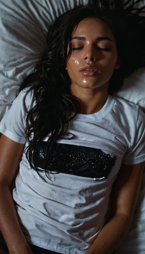 ultra realism, photograph, real life, ultra graphics, a girl lying in bed, dark wavy hair, clear skin, 23 years old, bottomless, white t-shirt, dark black cum leaking from her pussy, (black goo inside her pussy leaking onto the bed:1.2), eyes shut, pussy, grool, dripping, wet, (legs open showing pussy:1.2), dark, skin, <lora:Darker_skin_SDXL:.7>