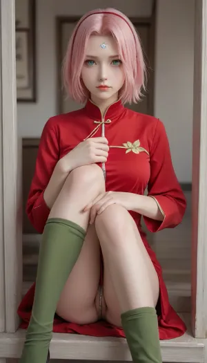 (sakura haruno "naruto"), short pale pink hair, large light green eyes, large forehead, thin lips, large breasts and very light skin. Konohagakure protector on a headband, naked, dressed in green leggings above the knees and a red qipao dress, covering only the knees, with a zipper, with short petal sleeves with white, slits on the sides of the hem, white outlines and symbols of rings of the same color, one each, on the back and sleeves.full growth photorealism