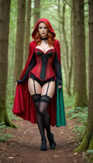 Red Riding Hood in wonderland forest background, red silk head cape, Craft an image of a woman with luminescent Green eyes and ginger hair, clide in a Red Riding Hood style underbust corset, silk stockings with support, with open shaved pussy, steampunk, rich in detail and frills, The setting is ethereal, with a backdrop fantasy forest that accentuates the ornate outfit. Ensure ultra-high-detail, photorealism, and crystal clear 4k resolution for a true masterpiece, perfect breasts, cutout, clothing, nipples, underbust, corset, stiletto high heels, slim athletic woman, full-body view