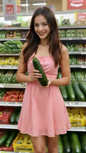 The girl with the long cucumber: a smile in a sea of groceries