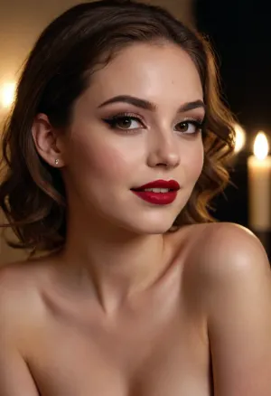 20 year old brown haired woman side eyeing camera, looking over her shoulder, smiling, happy, seductive, back to camera, full dark red lips, prominent cupids bow lips, shiny lipgloss, hair loose, (eyeliner, winged eyeliner, dark eyeshadow), makeup, nude, (candlelight)