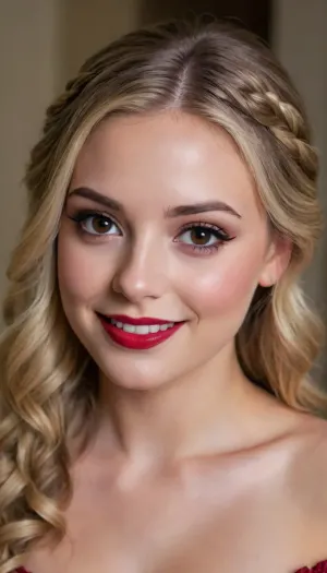 beautiful 20 year old women with blonde hair, dark brown eyes, smiling brightly, round face, eye contact, makeup, (winged eye liner:1.3), blush, shiny foundation, shiny dark red lip gloss, long hair in elegant cascade with braid, breasts out, <lora:princess_xl_v2:.1>