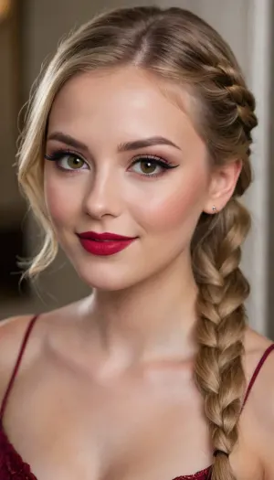 beautiful 20 year old women with blonde hair, dark brown eyes, smiling brightly, round face, eye contact, makeup, (winged eye liner:1.3), blush, shiny foundation, shiny dark red lip gloss, long hair in elegant cascade with braid, breasts out, <lora:princess_xl_v2:.1>