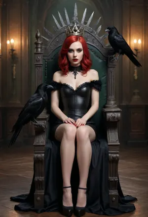 Girl, 25yo, game character, girl sitting on throne, ((crow sitting on top of the throne), (black sharp crown on her head)), throne made with bones, vampire, long bob haircut, shiny red hair, very pale skin, latex dress, (black), red lipstick, gothic makeup, green eyes, fluffy silver fur collar, legs, feet, dark light