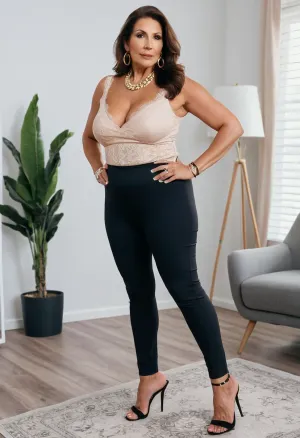 old mature 75 years old, brunette, long hair, tan skin, glamour, very chubby, curvy chubby, beautiful big black eyes, neck lace, huge hoop earrings, necklace, bracelet, naught serious face, medium saggy tits, long legs, tall, high heels, full body view, very thick legs, yoga pants, tight pants, stand up, super long legs, sexy feet, high heels mule, focus on feet and legs, extremely thick long legs, thick legs, at the office