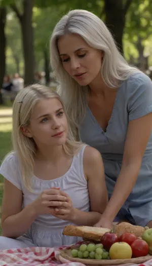 Two women, a 50 year old mother with silver hair and her young daughter with blonde hair, picnic in the park, happy, sexy, ultra detail, HD, highly detailed, nicorima, <lora:Nicorima Style:1.5>