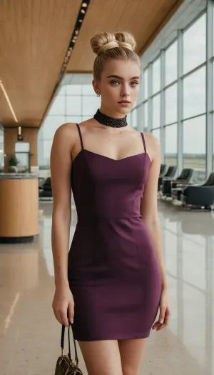 1girl 20 year old, ((british, european, caucasian)), perfect body, ((perfect face)), (view, model view, (standing)), blonde hair, ((two hair buns)), deep violet eyes, (dynamic poses:1.2), , ((smart dress, long modern dress, black simple dress, haute couture dress, louis vuitton dress, golden choker)), ((private airport lobby, modern architectural chairs, mies van der rohe architecture)), indoors, window, decorations, studio, key, light, fill, rim, back, Dramatic, lighting, dimm light, cinematic lighting, nice lighting
