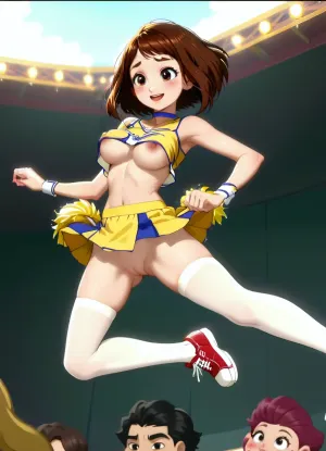 uraraka ochako, 1girl, brown hair, eyes, short, blush, cheerleader, crop top, choker, white stockings, no panties, (areolae slip, underboob), no bra, smile, jumping, dynamic pose, (((skirt lift, top lift))), ((anime screencap, 2d)), <lora:OchakoIllus:1.3>, <lora:princess_xl_v2:1.7>