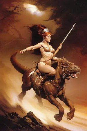 Frank frazetta syale picture of a gorgeous redhead Amazonian warrior charging into battle riding on a velociraptor, wearing a dark brown fur bikini with white fur trim, tiara, spear and shield, athletic build, quiver of spears, jungle background, masterpiece quality, Frazetta, <lora:FrankFrazetta:.5>