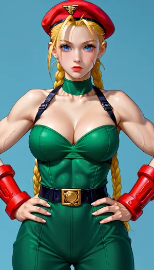 (Cammy White from Street Fighter), 3/4 body view, perfect body, very detailed face, wide shot, (teardrops detailed giant breast), (simple background), (hands on hips:1.5), 4ng3l, face, <lora:SDXL_BetterFaces-LoRA_v1:1.8>