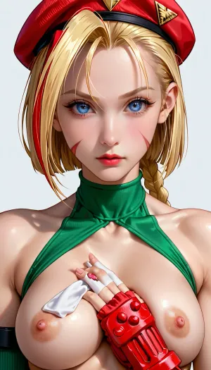 (Cammy White from Street Fighter), 3/4 body view, perfect body, very detailed face, wide shot, (detailed breast), (simple background), (cupping breasts:1), 4ng3l, face, <lora:SDXL_BetterFaces-LoRA_v1:1.8>