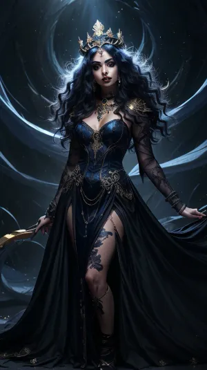 An ethereal, celestial goddess with glowing golden eyes, metallic sapphire-blue skin, cascading wild hair blending into shadows, wearing an intricate crescent-shaped crown adorned with onyx and obsidian, surrounded by an aura of mystical energy, layered black metal gothic jewelry with dark crystals, arm tattoos featuring floral and lunar motifs glowing softly, dressed in a shadow-like velvet gown with organic textures, dramatic cinematic lighting, smoky swirling void background of dark blues and grays, golden embers floating in the air, highly detailed, ultra-realistic, dark fantasy art style