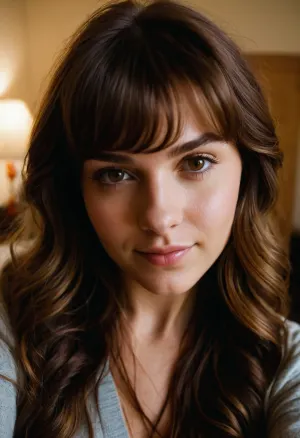 Intimate selfie of a 21 Year old girlfriend in her college dorm, (thick voluminous brunette hair styled with bangs and long textured waves and auburn highlights:1.4), , seductive smirk, conspiratorial smile, mischievous eyes, spunky attitude, feisty attitude, high energy, rockstar attitude, ZipRealism, <lora:sunnyrayyxo_v1_SDXLBase:.8>, <lora:add-detail-xl:.5>