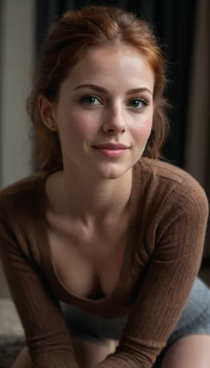 full portrait of woman, ((Little Caprice European princess of 18 years old)), ginger hair, fair skin, (ginger hair:1.2), ((gymnast body)), cheeky smile, ((high detailed skin)), high quality, detailed skin texture, (highly detailed hair), ((skinny body)), ((slim body)), (realistic), soft focus, insanely detailed, highest quality, ((beautiful sweater and leggins)), (wide hips), chocker on neck, ((ring earrings)), S251_LoveniaLux, leggins, ((submissive)), ((lovely)), (((in very sexual erotic pose))), brown short hair, short ponytail, full body, (((full body view))), (((high detailed legs))), (((high detailed fingers))), ((very much want have sex)), ((high detailed pores on skin)), well-build body, medium tits, small lips, lots of freckles face and skin, blush on the checks and nose, (raised nasal tip, upturned button nose, upturned nose, delicate nose, nose), hypnotized loving grey eyes, brown wild wet hair with sidelocks, very sexy smile