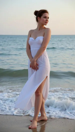 A solitary woman standing at the water's edge, where the sea meets the shore under the soft, muted light of a late afternoon. She is dressed in a flowing white dress that billows slightly with the salty breeze, her auburn hair swept up in a loose bun that exposes the contour of her neck and the graceful slope of her shoulders. Her bare feet are partially submerged in the gentle waves, as if feeling the rhythmic pulse of the ocean's heartbeat beneath her. Her gaze is distant and introspective, eyes fixed on the horizon where the sky and sea meld into a seamless canvas of blues and purples. Her arms are crossed in front of her, fingers intertwined, as if capturing the very fabric of her deep thoughts. The setting sun casts a warm, golden glow on the scene, painting her profile in stark relief against the deepening colors of the sea. The waves break around her, creating a frothy dance of white foam that seems to echo the tumult of her inner contemplations. The beach is a tranquil backdrop, with the occasional seagull gliding by, undisturbed by her presence. Her silhouette is framed by the vastness of the water, emphasizing her solitary nature amidst the grandeur of the maritime landscape. The woman's posture and expression suggest a poignant moment of reflection, perhaps pondering over a significant decision or lost in a poetic reverie inspired by the eternal dialogue between land and sea. The image captures the essence of a profound, introspective solitude, a silent conversation between the woman and the ocean that mirrors the intricate dance of thoughts within her, ((submissive)), ((lovely)), (((in very sexual erotic pose))), brown short hair, short ponytail, full body, (((full body view))), (((high detailed legs))), (((high detailed fingers))), ((very much want have sex)), ((high detailed pores on skin)), well-build body, medium tits, small lips, lots of freckles face and skin, blush on the checks and nose, (raised nasal tip, upturned button nose, upturned nose, delicate nose, nose), hypnotized loving grey eyes, brown wild wet hair with sidelocks, very sexy smile