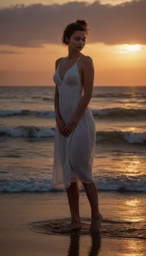 A solitary woman standing at the water's edge, where the sea meets the shore under the soft, muted light of a late afternoon. She is dressed in a flowing white dress that billows slightly with the salty breeze, her auburn hair swept up in a loose bun that exposes the contour of her neck and the graceful slope of her shoulders. Her bare feet are partially submerged in the gentle waves, as if feeling the rhythmic pulse of the ocean's heartbeat beneath her. Her gaze is distant and introspective, eyes fixed on the horizon where the sky and sea meld into a seamless canvas of blues and purples. Her arms are crossed in front of her, fingers intertwined, as if capturing the very fabric of her deep thoughts. The setting sun casts a warm, golden glow on the scene, painting her profile in stark relief against the deepening colors of the sea. The waves break around her, creating a frothy dance of white foam that seems to echo the tumult of her inner contemplations. The beach is a tranquil backdrop, with the occasional seagull gliding by, undisturbed by her presence. Her silhouette is framed by the vastness of the water, emphasizing her solitary nature amidst the grandeur of the maritime landscape. The woman's posture and expression suggest a poignant moment of reflection, perhaps pondering over a significant decision or lost in a poetic reverie inspired by the eternal dialogue between land and sea. The image captures the essence of a profound, introspective solitude, a silent conversation between the woman and the ocean that mirrors the intricate dance of thoughts within her, ((submissive)), ((lovely)), (((in very sexual erotic pose))), brown short hair, short ponytail, full body, (((full body view))), (((high detailed legs))), (((high detailed fingers))), ((very much want have sex)), ((high detailed pores on skin)), well-build body, medium tits, small lips, lots of freckles face and skin, blush on the checks and nose, (raised nasal tip, upturned button nose, upturned nose, delicate nose, nose), hypnotized loving grey eyes, brown wild wet hair with sidelocks, very sexy smile