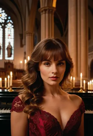 (Capture an evocative scene of a classical concert held in the historic St. Anne's Church, Vienna, during the 18th century. The atmosphere is rich with the grandeur and elegance of the Baroque era.), , (The main subject is a captivating pianist, deeply engrossed in her performance. She is in their mid-30s, with an air of dedication and passion:1.4), (Their long, voluminous hair with soft layers in a loose wavy texture, reminiscent of the period, frames their face. The hair features a blend of rich dark auburn tones with subtle blonde highlights, creating a soft, dimensional look. The bangs are a straight full fringe that slightly curves to frame the face and blend seamlessly with the rest of the hairstyle.:1.3), (The eye makeup is subtle yet striking, with a delicate winged eyeliner that elongates the eyes. Long, voluminous lashes enhance the eye makeup, possibly with the use of mascara.), (Their lips are softly accentuated with a natural rose tint, complementing the overall makeup look.), (The musician's hair catches the candlelight in a luminous halo:1.2), (They wear period-appropriate attire, a silk gown in deep crimson draped to accentuate their form.), (Soft, diffused candlelight filters through the church's stained glass windows, casting gentle shadows that highlight the fine textures of their skin and the intricate details of their hair.), (The image is captured with a classic large-format camera, renowned for its ability to render every exquisite detail—the fine lines of their attire's silk fabric, the natural contours of their face, and the nuanced play of light and shadow on their skin.), (The lens creates a beautiful bokeh that softly blurs the background, drawing attention to their expressive eyes sparkling with emotion, their defined cheekbones flushed with the intensity of their performance), (The grandeur of St. Anne's Church, with its ornate Baroque architecture, lush gold leaf details, and majestic organ, serves as a breathtaking backdrop, enhancing the timeless elegance of the scene.), ZipRealism, <lora:sunnyrayyxo_v1_SDXLBase:.6>