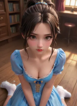 POV of, (Belle from Beauty and the beast:1.2), kneeling in the library, she looks up at the beast. The beast’s claw is visible., (she has long flowing brown hair tied back in a messy ponytail with a blue ribbon:1.2), brown eyes. She has her blue Belle costume. Her shirt is torn and her legs are showing. Cleavage., <lora:princess_xl_v2:.8>