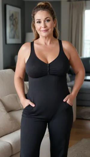 Obese Gilf, 55 years old, french, pear-shaped figure, with oversized massive thick thighs and oversized wide hips. Big hips, plump waist, Small Natural floppy breast, braless under clothes, pokies. Fair skin, chubby face, tannlines. Seductive posing. Dark blonde hair in a ponytail, straight hairstyle. In cotton wide black sleeveless jumpsuit, FUPA, cameltoe, Living room, modern