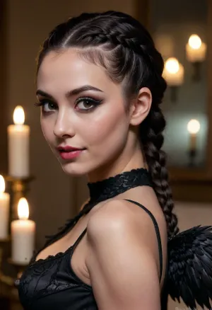 20 year old black haired goth woman side eyeing camera, looking over her shoulder, back to camera, smiling, prominent cupids bow lips, (eyeliner, winged eyeliner, dark eyeshadow), makeup, hair in a high tight braided ponytail, (candlelight), breasts, cutout, clothing, nipples, <lora:2BoutOvalSDXL2-000002:.5>