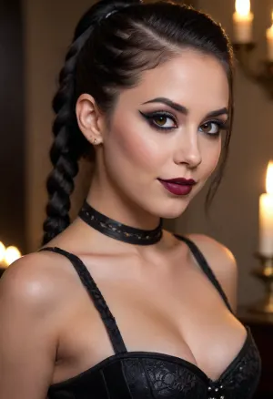 20 year old black haired goth woman side eyeing camera, looking over her shoulder, seductive, back to camera, smiling, mouth wide open, prominent cupids bow lips, (eyeliner, winged eyeliner, dark eyeshadow), makeup, corset, hair in a high tight braided ponytail, (candlelight)